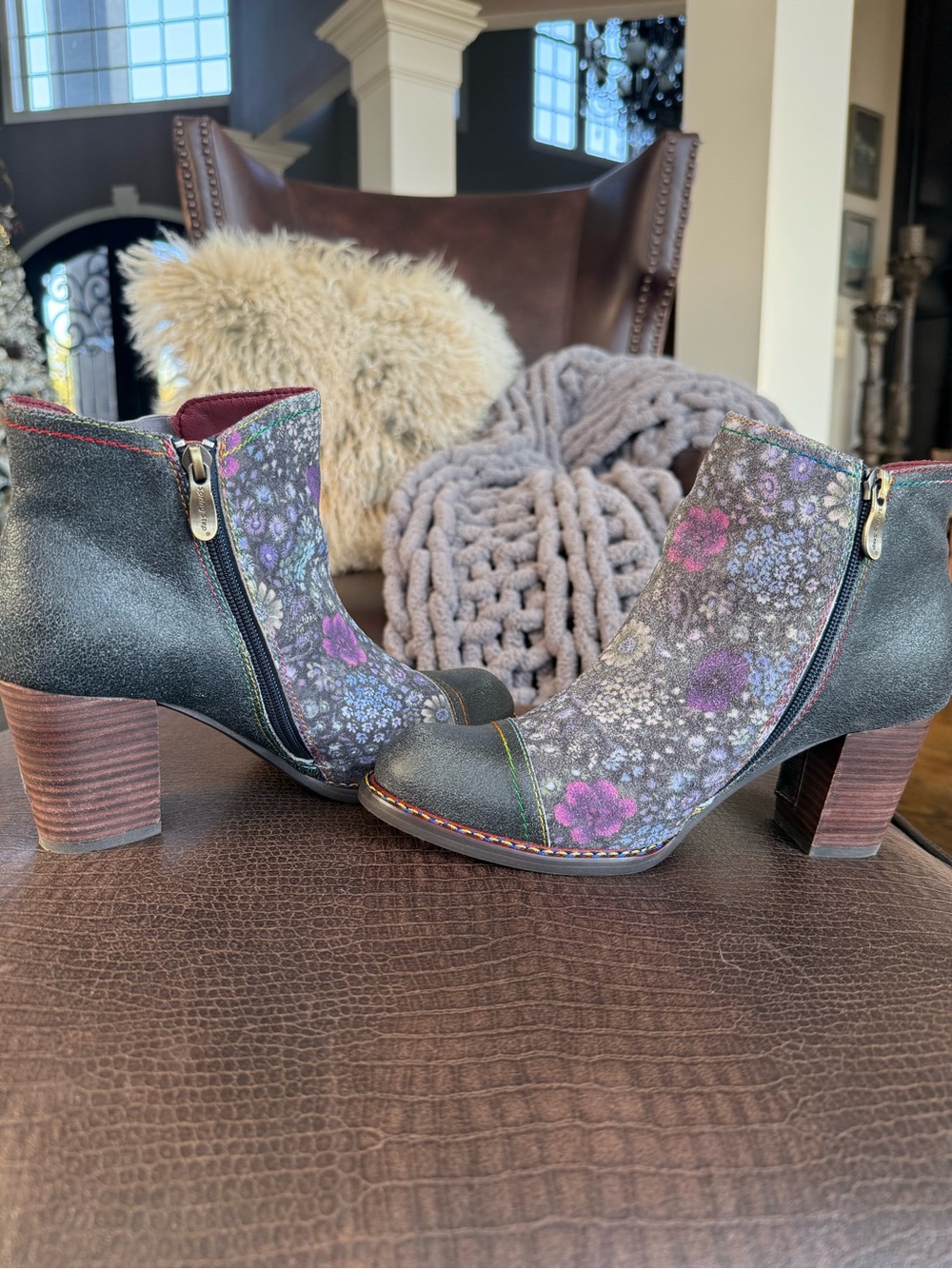 L’Artiste Floral Print Ankle Boots in Purple and Black - Women's Fashion Booties